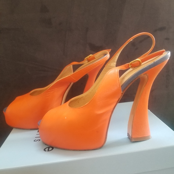 Isabelle Paris Orange Leather Peep Toe Platform Heels EU 39 Made in Italy - Picture 3 of 5